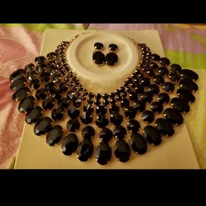 Black Rhinestone Bib Statement Necklace & Earrings